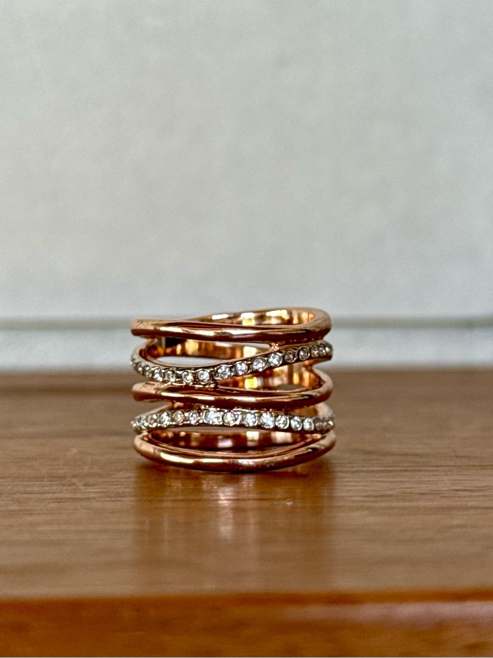 Rose Gold Tone Multi Row Crisscross Ring * Pave Crystal * Size 7